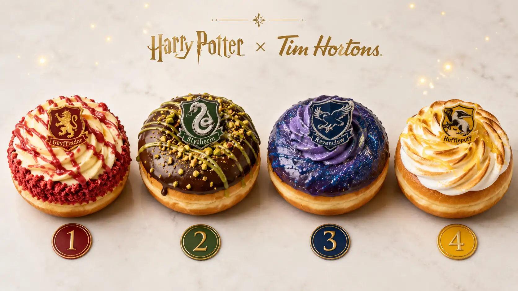 All 4 Tim Hortons Harry Potter Hogwarts House donuts side by side