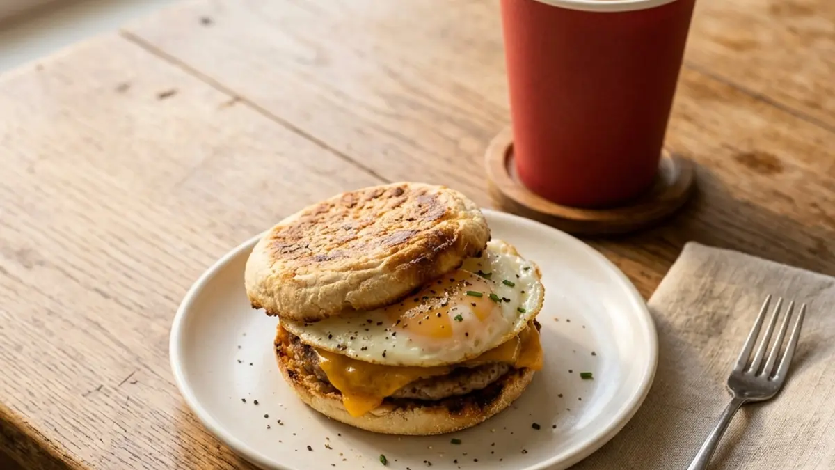 Tim Hortons breakfast sandwich and coffee on a table