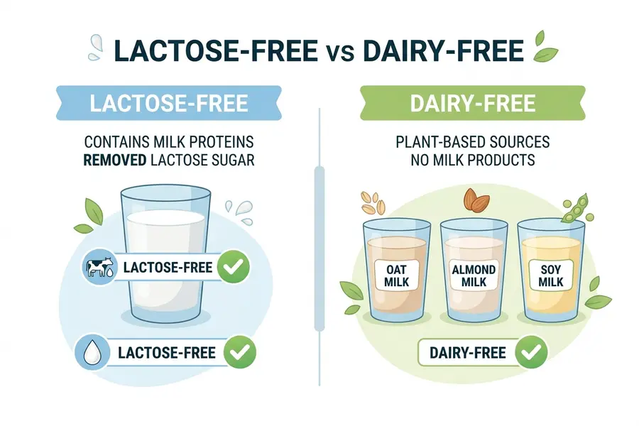 Infographic comparing lactose-free milk (real cow's milk with lactose removed) versus dairy-free alternatives (oat milk, almond milk, soy milk from plant-based sources)