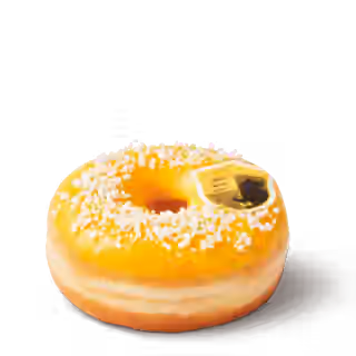 Tim Hortons Hufflepuff Lemon Meringue Donut - yellow fondant topped with meringue crunch and Hufflepuff house crest