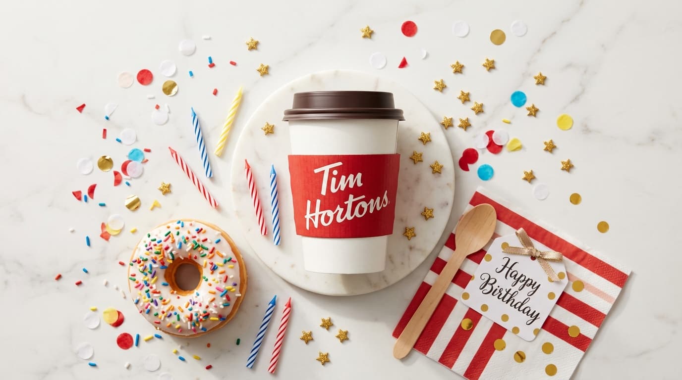 Tim Hortons birthday offer with free coffee cup and sprinkle donut with birthday candles and confetti on marble surface