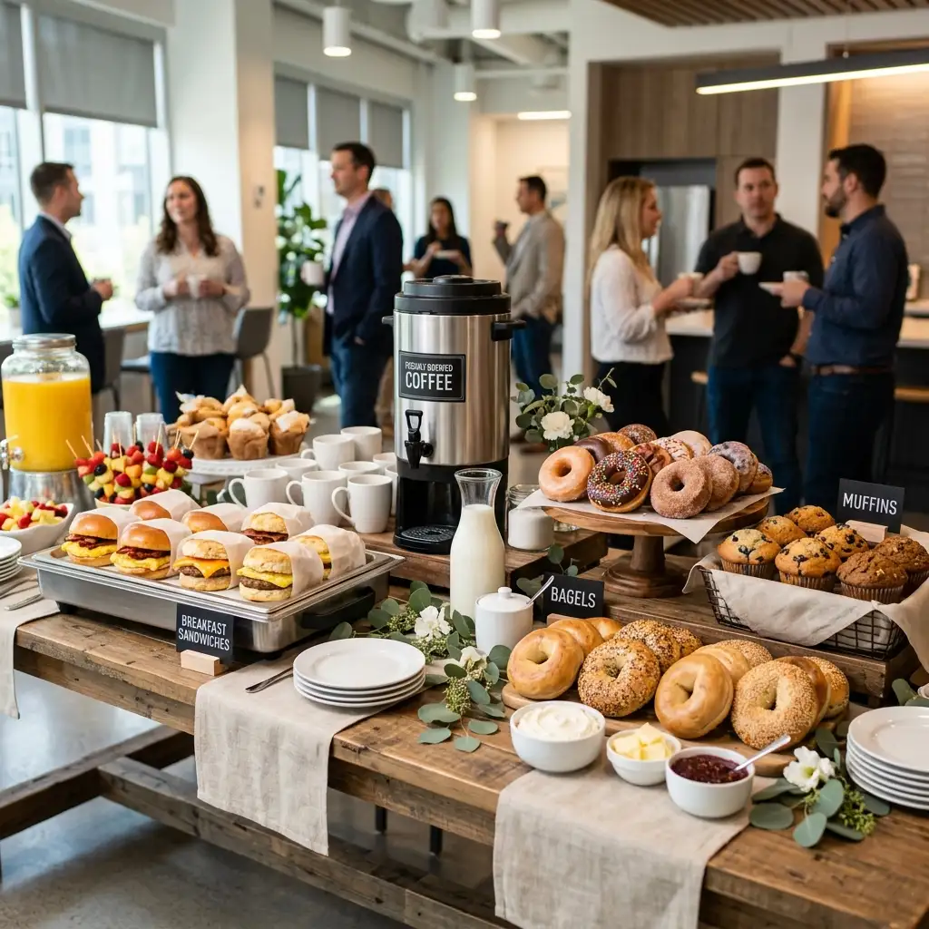 Tim Hortons Catering Menu - Freshly brewed coffee, assorted donuts, muffins, bagels, and breakfast sandwiches