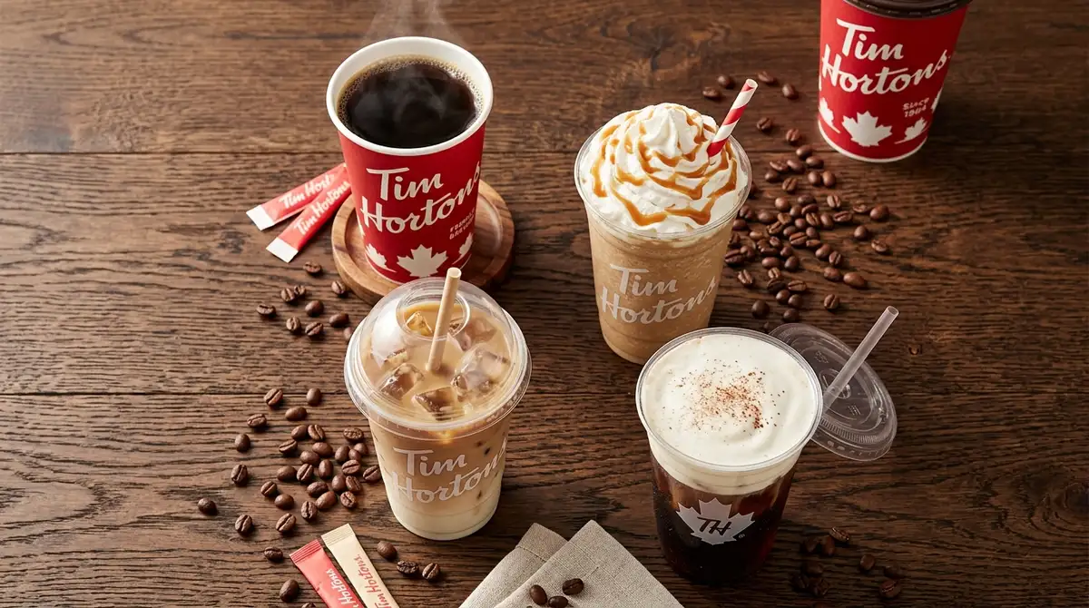 Tim Hortons coffee menu with prices in Canada featuring hot brewed coffee, Iced Capp, Cold Brew, and Iced Latte