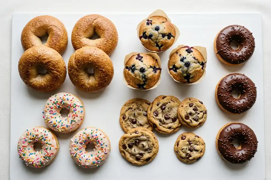 Assorted Tim Hortons baked goods including bagels, donuts, muffins, and cookies on a clean surface