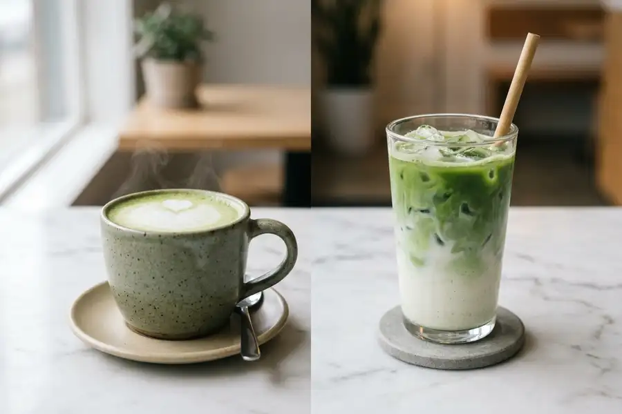 Hot matcha latte in a ceramic mug next to an iced matcha latte in a tall glass - comparing Tim Hortons hot and iced matcha side by side