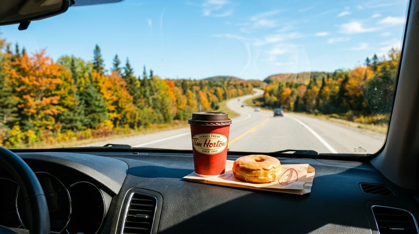 Tim Hortons coffee and donut on a car dashboard during a scenic Canadian Labour Day road trip