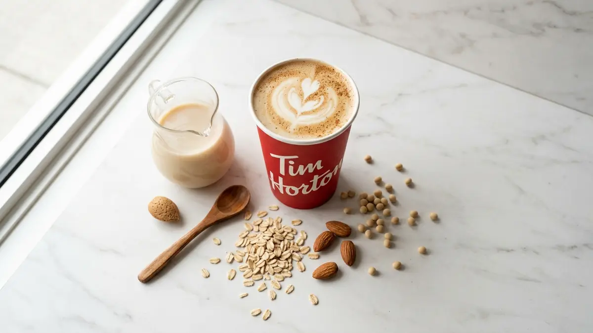 Tim Hortons oat milk latte with plant-based milk alternatives including oat flakes, almonds, and soy beans on a marble counter