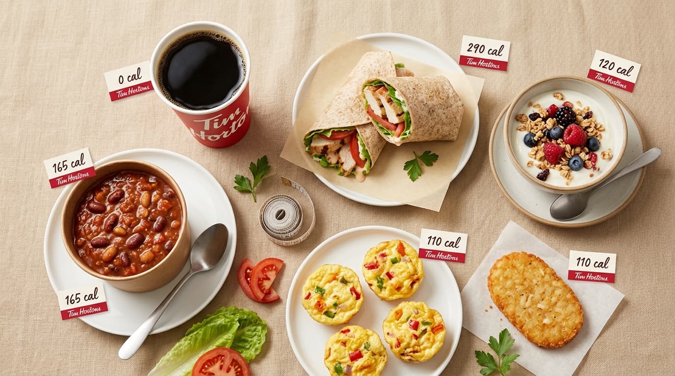 Tim Hortons low calorie options including black coffee, hashbrown, omelette bites, chili bowl, and yogurt parfait with calorie labels