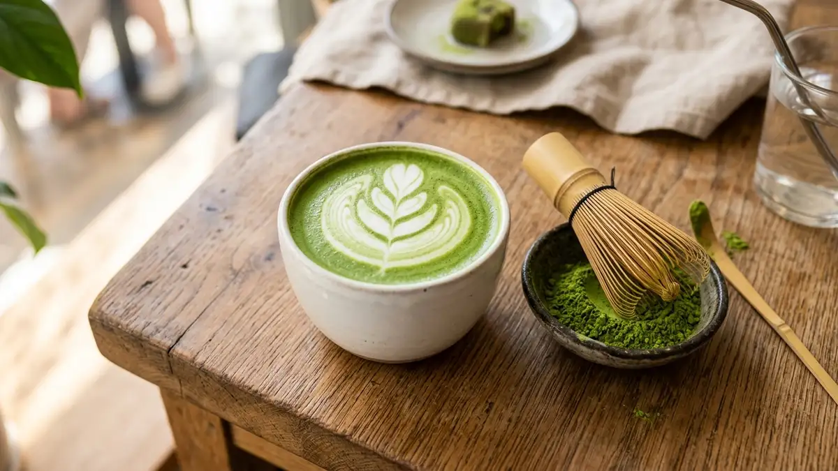 Tim Hortons matcha latte with matcha powder and bamboo whisk on a wooden table