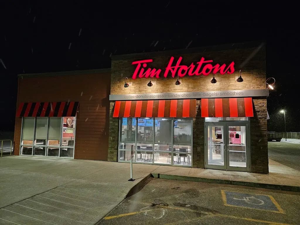 Tim Hortons storefront and interior at Highway 55 & 34th St., Athabasca, AB