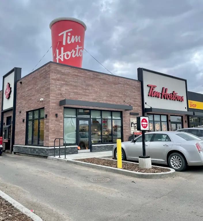 Tim Hortons storefront and interior at 2 Heritage Drive, Bowden, AB
