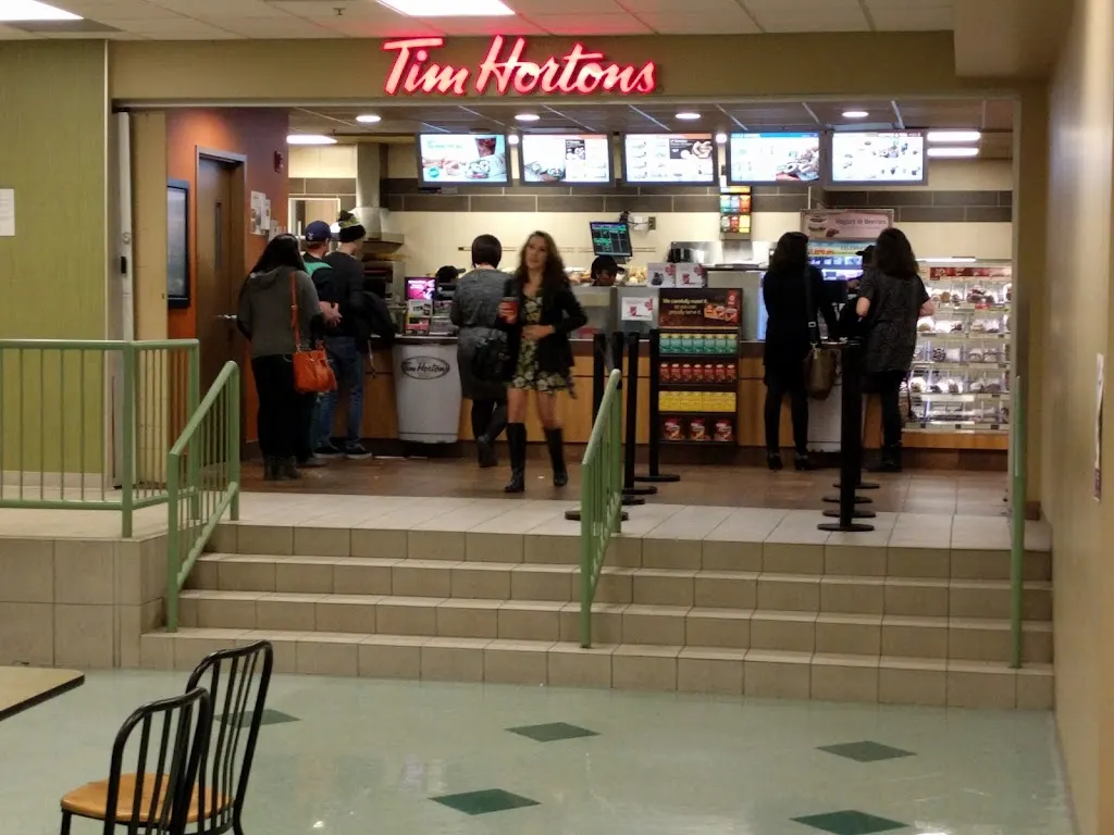 Tim Hortons storefront and interior at Mount Royal University Campus, Calgary, AB