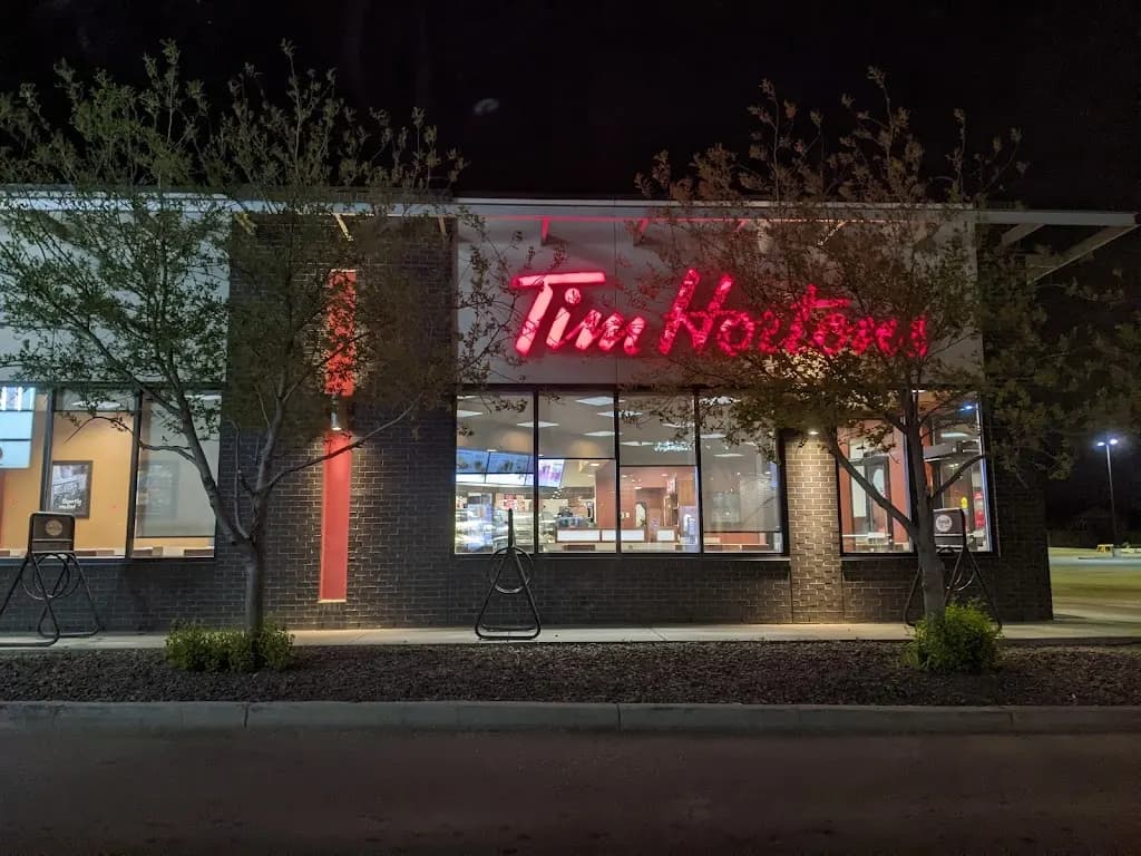 Tim Hortons storefront and interior at 180 Miquelon Ave, Devon, AB