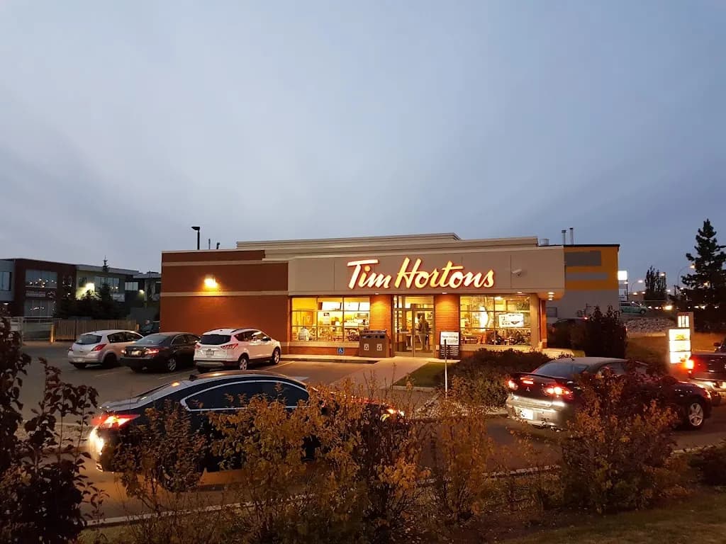 Tim Hortons storefront and interior at 7457 Roper Rd Nw, Edmonton, AB
