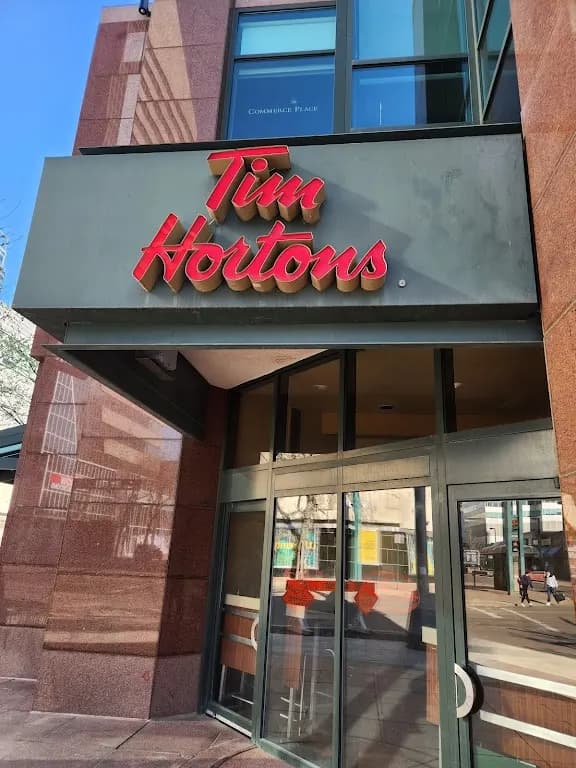 Tim Hortons storefront and interior at 10150 Jasper Ave, Edmonton, AB