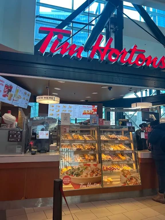 Tim Hortons storefront and interior at P209, 10200 102 Ave, Edmonton, AB