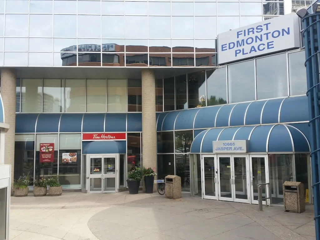 Tim Hortons storefront and interior at 10665 Jasper Ave, Edmonton, AB