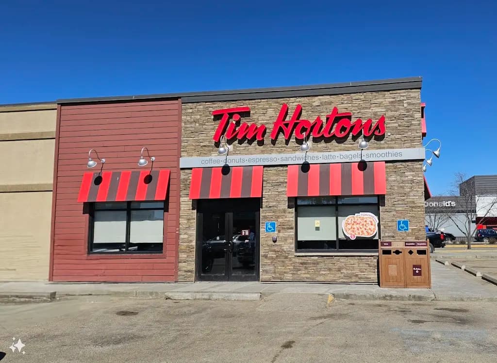 Tim Hortons storefront and interior at 11240 Groat Rd North West, Edmonton, AB