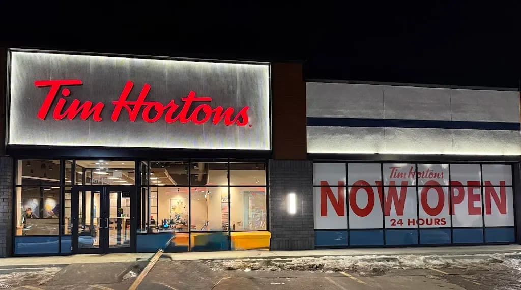 Tim Hortons storefront and interior at 16210 - 21 Ave Sw, Edmonton, AB