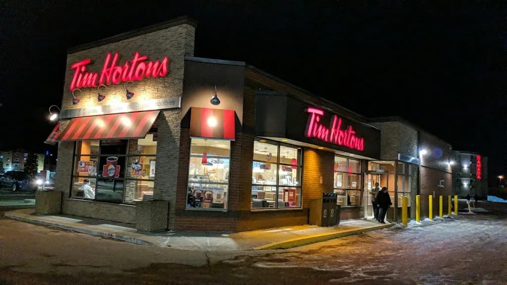 Tim Hortons storefront and interior at 6620 Orr Dr, Red Deer, AB