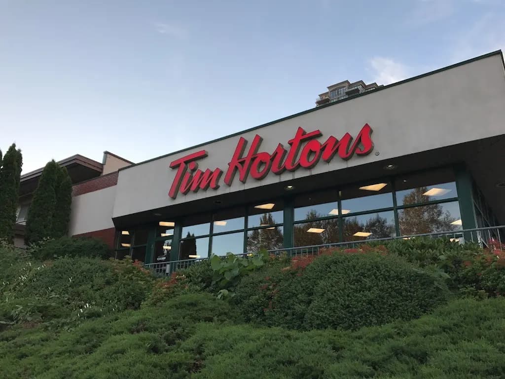 Tim Hortons storefront and interior at 4191 Lougheed Highway, Burnaby, BC