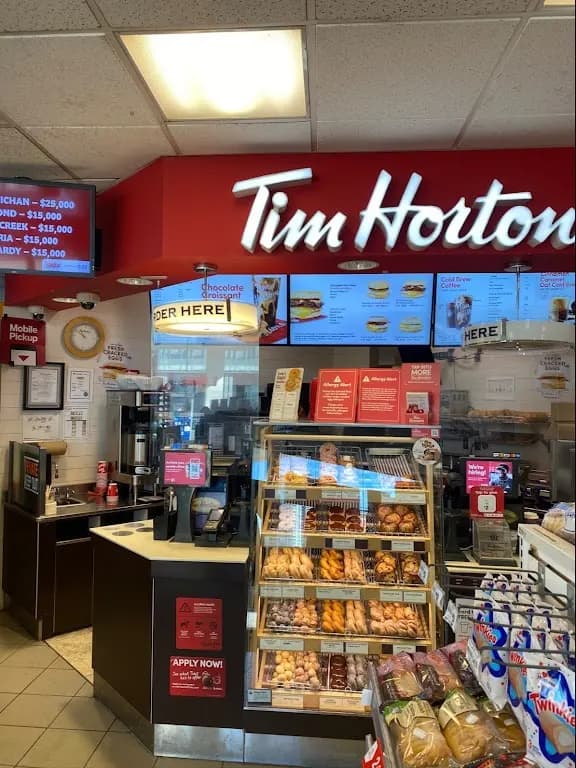 Tim Hortons storefront and interior at 4512 Lougheed Hwy, Burnaby, BC