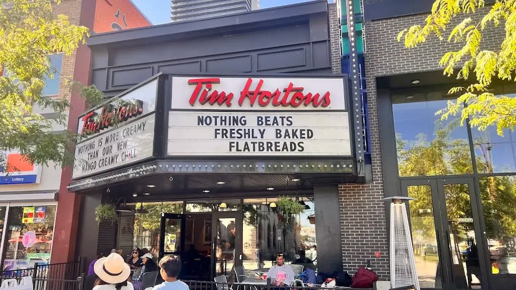 Tim Hortons storefront and interior at 261 Bernard Avenue, Kelowna, BC