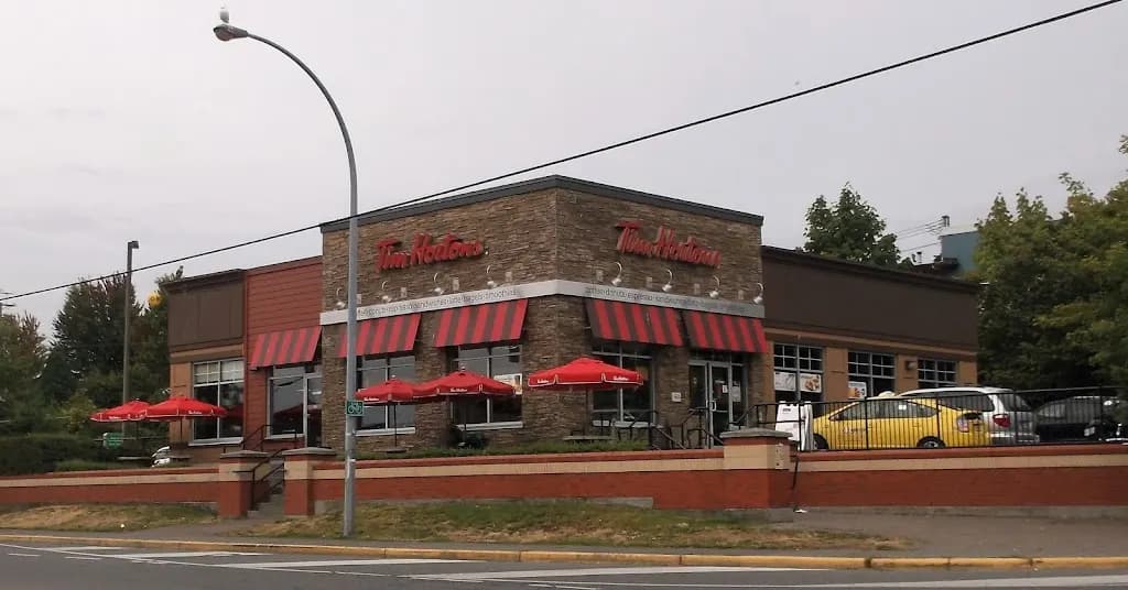 Tim Hortons storefront and interior at 15 Wallace St, Nanaimo, BC