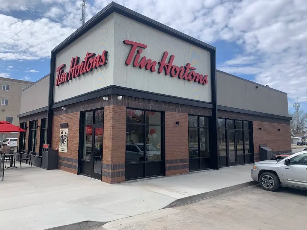 Tim Hortons storefront and interior at 161 Centre Ave E, Altona, MB
