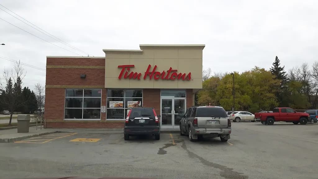 Tim Hortons storefront and interior at 118 Brandt St, Steinbach, MB