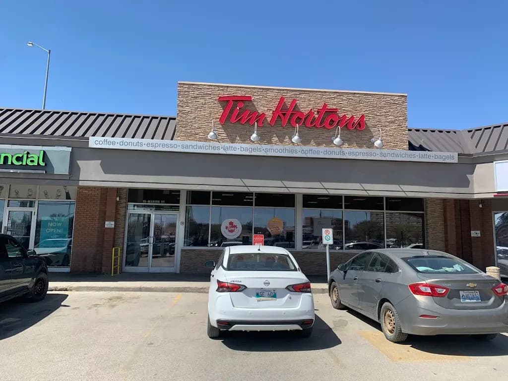 Tim Hortons storefront and interior at 19 Marion St, Winnipeg, MB