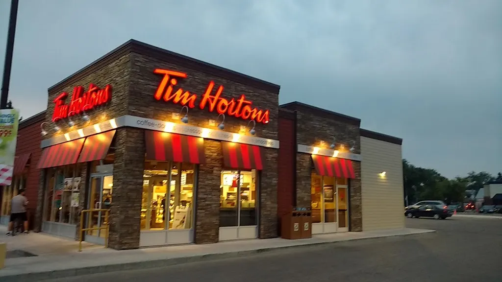 Tim Hortons storefront and interior at 25 Donwood Dr, Winnipeg, MB
