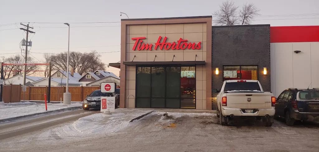Tim Hortons storefront and interior at 107 Pandora Avenue West, Winnipeg, MB