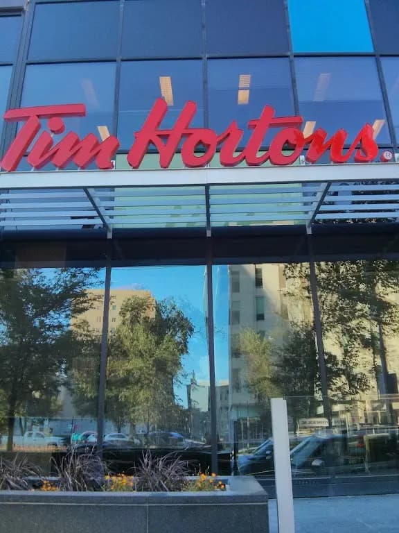 Tim Hortons storefront and interior at 363 Broadway St, Winnipeg, MB