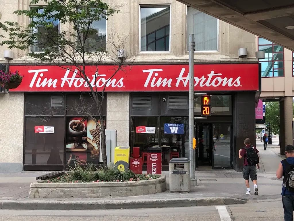 Tim Hortons storefront and interior at 434 Portage Ave, Winnipeg, MB
