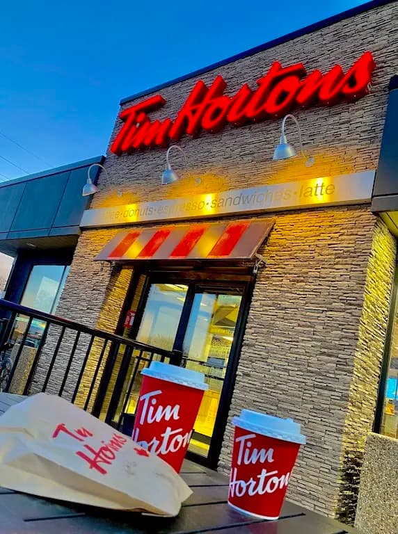 Tim Hortons storefront and interior at 570 Pembina Hwy, Winnipeg, MB