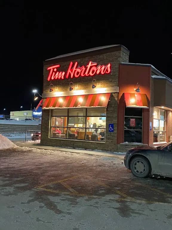 Tim Hortons storefront and interior at 2 Jagoe St, Atholville, NB