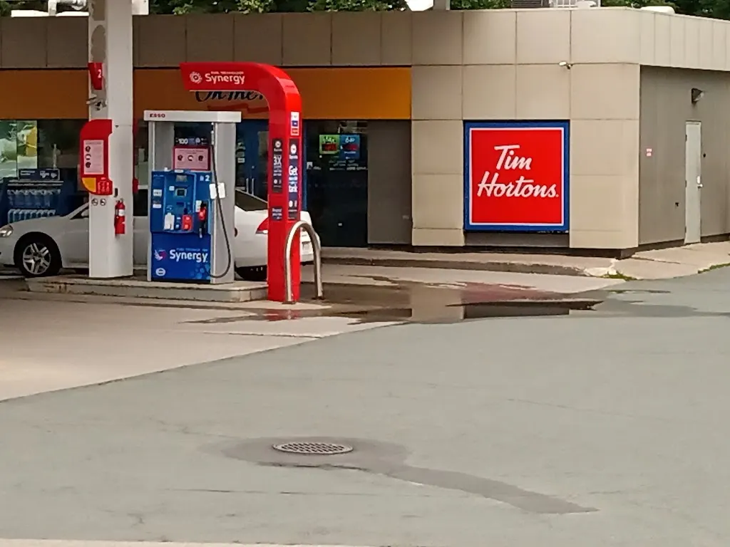 Tim Hortons storefront and interior at 100 Harbourview Blvd, Bathurst, NB