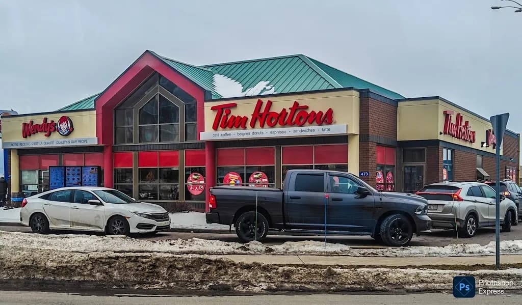 Tim Hortons storefront and interior at 473 Paul St, Dieppe, NB