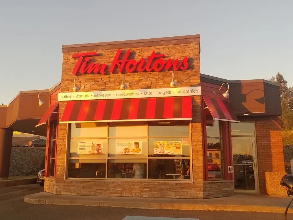 Tim Hortons storefront and interior at 542 Main St, Hartland, NB