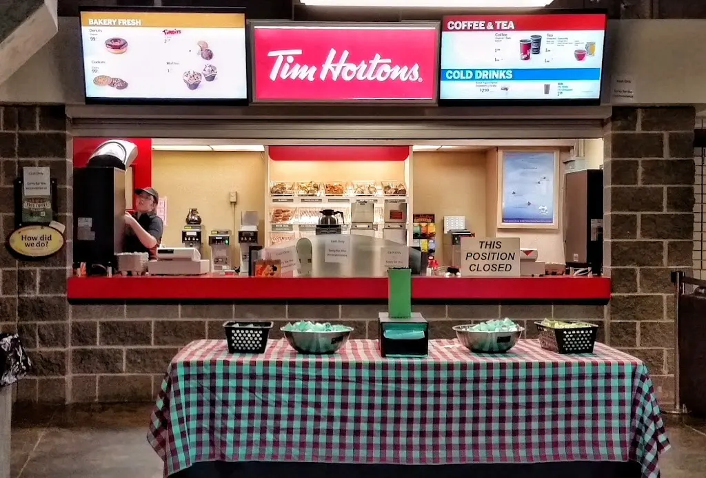 Tim Hortons storefront and interior at 99 Station St, Saint John, NB