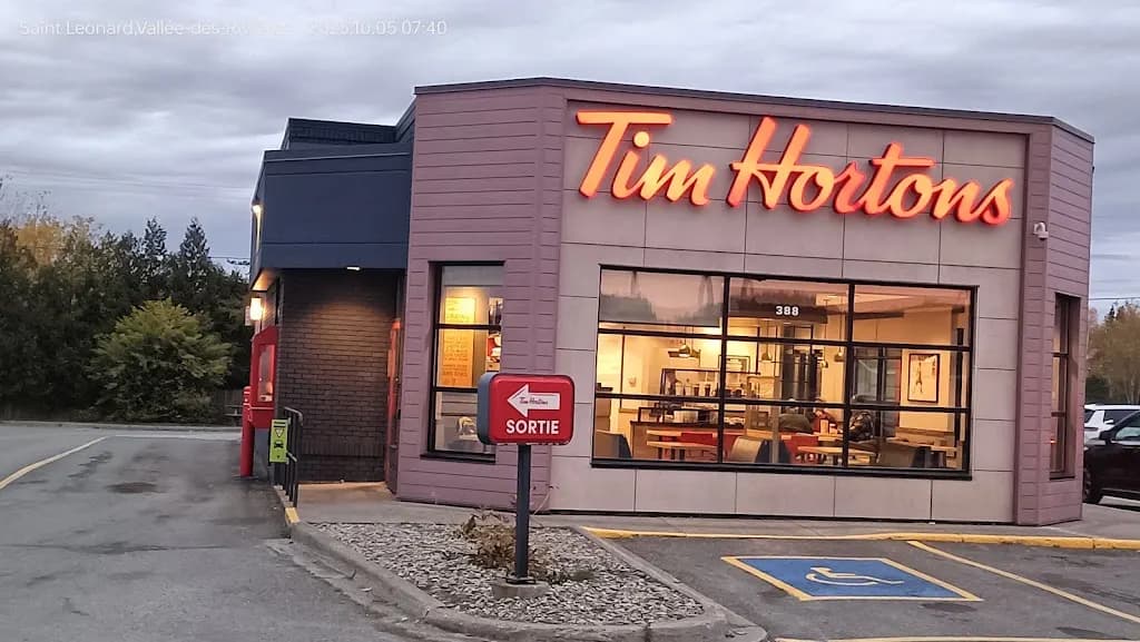 Tim Hortons storefront and interior at 388 Rue St Jean, Saint Leonard, NB