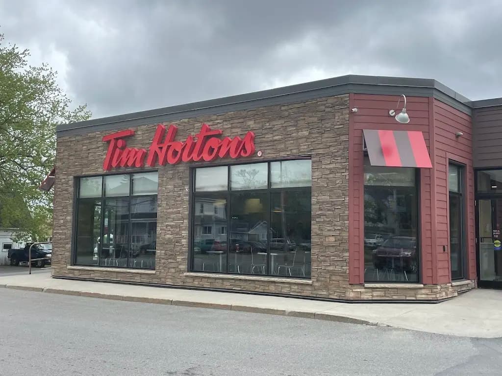 Tim Hortons storefront and interior at 131 King St, St Stephen, NB