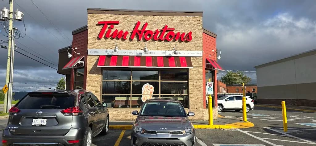 Tim Hortons storefront and interior at 28 Murphy Square, Corner Brook, NL