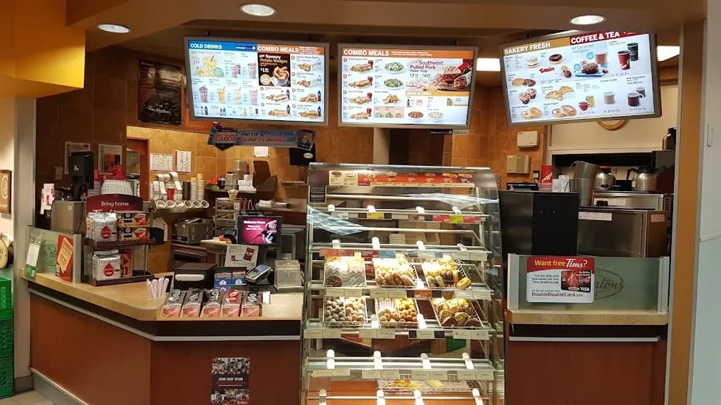 Tim Hortons storefront and interior at 14923 Yonge St, Aurora, ON