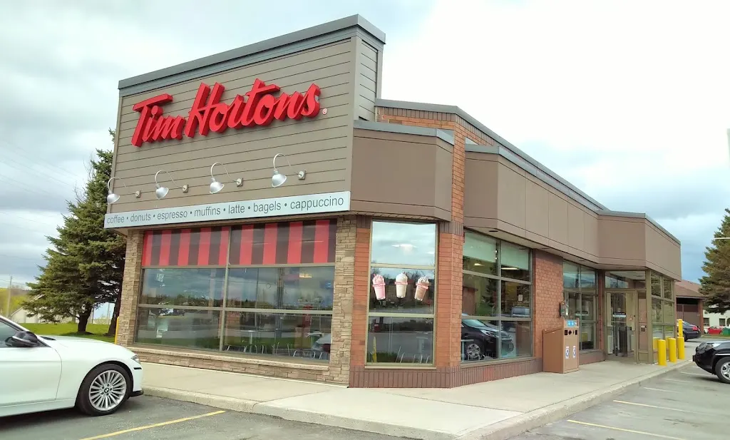 Tim Hortons storefront and interior at 4 Fairview Rd, Barrie, ON