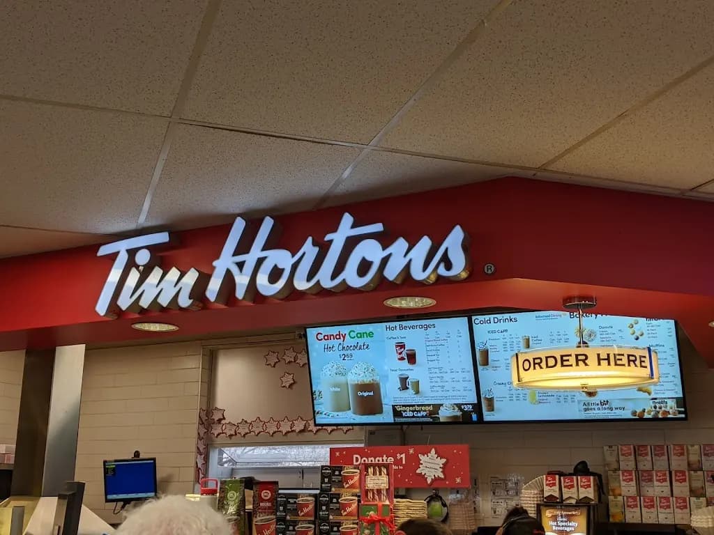 Tim Hortons storefront and interior at 7 Anne St North, Barrie, ON