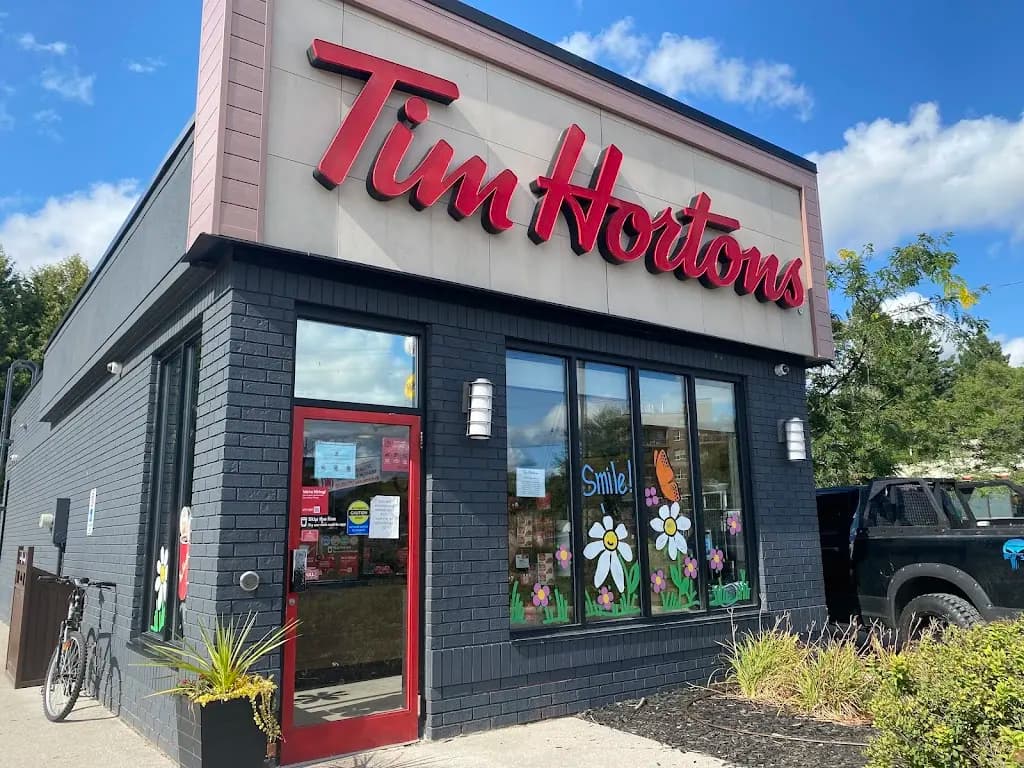 Tim Hortons storefront and interior at 304 Blake St, Barrie, ON