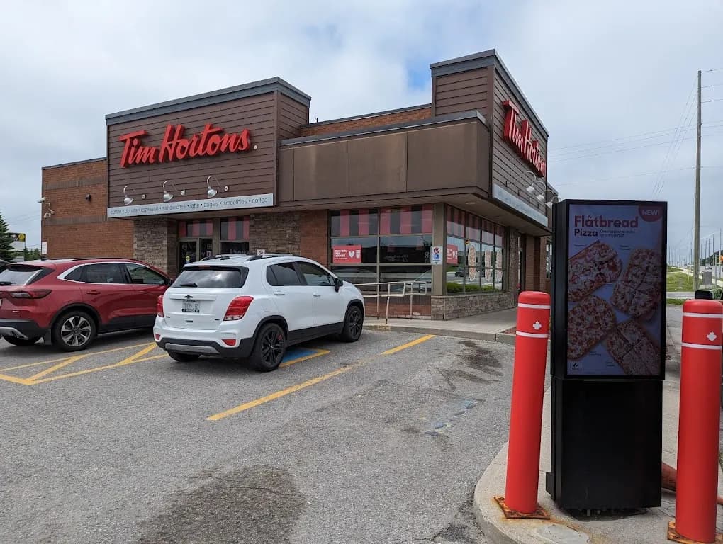 Tim Hortons storefront and interior at 405 Huronia Rd, Barrie, ON