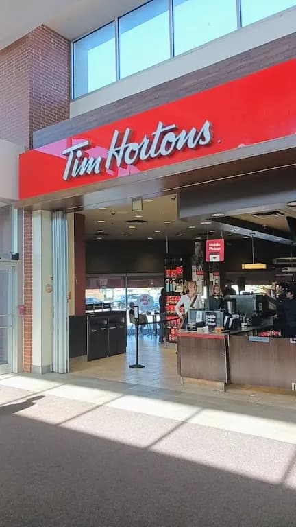 Tim Hortons storefront and interior at 509 Bayfield St, Barrie, ON